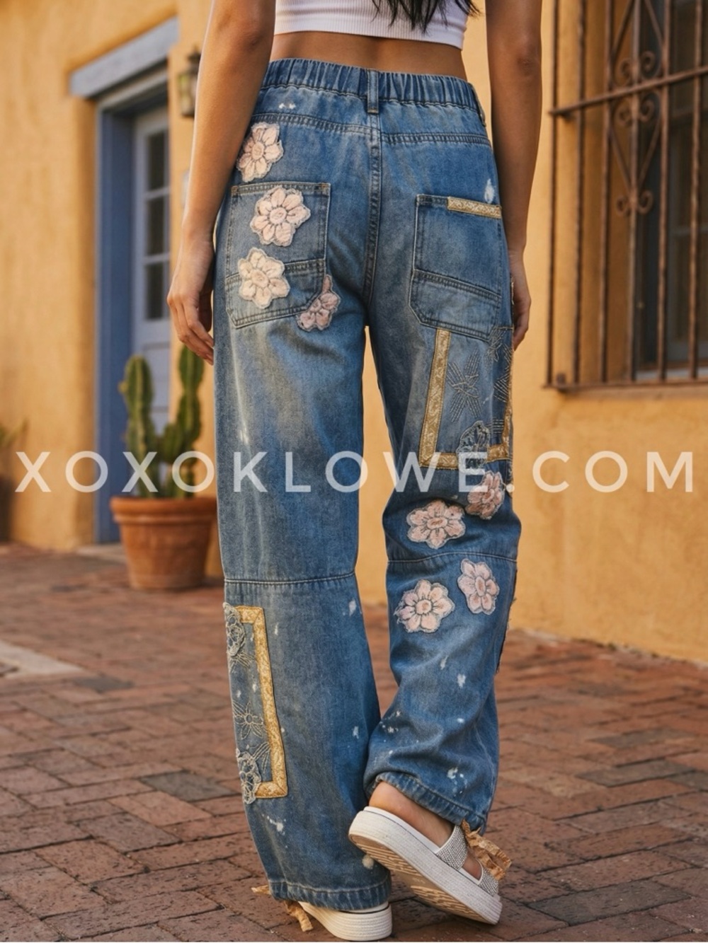 Oli & Hali Patchwork Floral Convertible Jogger Jeans | Straight Leg Denim Pants - Picture 4 of 9